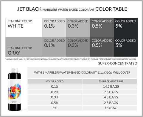 Color chart showing impact of Jet Black Liquid Colorant For Concrete And Masonry Projects Water Based Highly Concentrated Tint Pigment Odorless Non Toxic For Concrete Cement Mortar Grout Gypsum Plaster And More 11 Oz 310 G on white and gray materials.