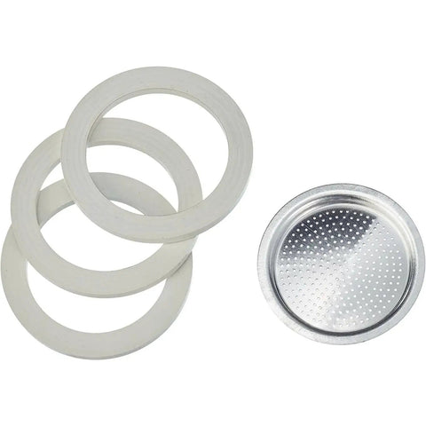 Bialetti spare parts: three white gaskets and one metal perforated filter plate for moka pots (3/4 cup)