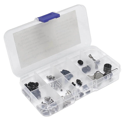 Industrial Sewing Machine Screw Kit With Metal Fasteners and Needle Plate Screws in a clear compartment box with various parts.