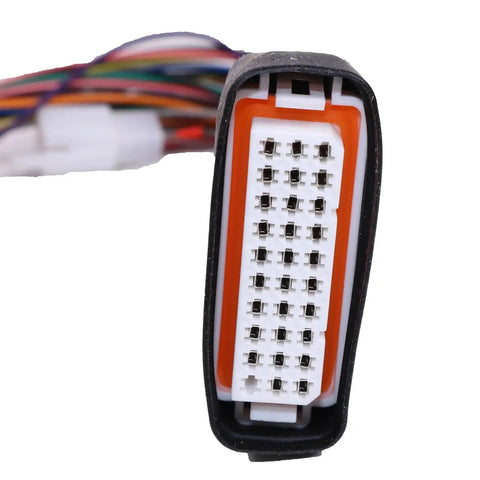 Close-up of HOLDWELL 450A DC 8000W electric motorcycle controller connector; white multi-pin plug with orange seal and wrapped wires.