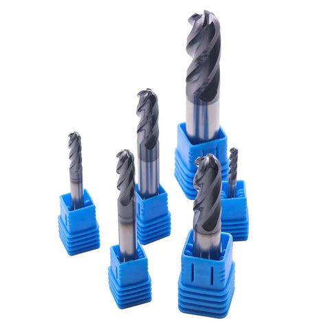 High Performance Solid Carbide Ball Nose End Mills Set, 6 Pc AlTiN Coated, 4 Flute, 30 Degree Helix, CNC Router Bits displayed in blue cases
