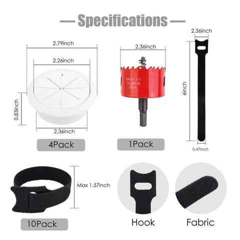 Specifications for No More Cable Mess TV Cord Hider For Wall Mounted TV Kit With 4 Pass Throughs, showing dimensions and components.