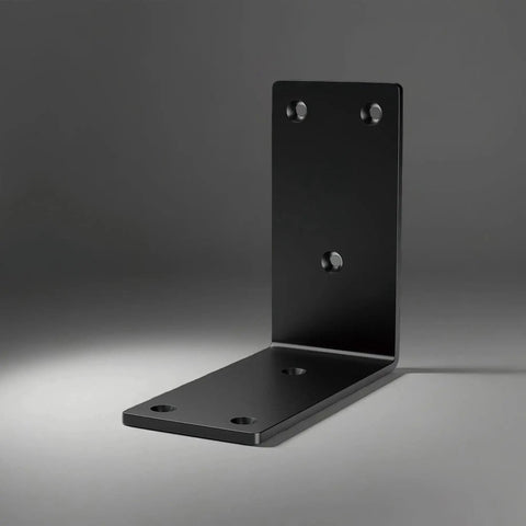 Black metal L bracket, part of 8 Pack Heavy Duty 4x4 Inch 90 Degree Metal Corner Brackets For Shelves And Cabinets, shown on gray background.
