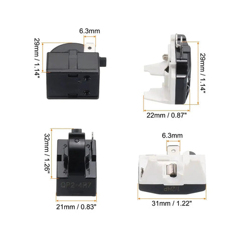 PTC Starter Relay for Refrigerators, 1-pin, 4.7 ohm, 1/2 HP, showing dimensions 31mm x 22mm x 29mm, black and white components.
