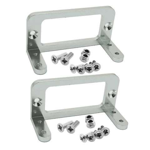 Aluminum RC servo mount brackets, front view; two sets with M3 screws and nuts