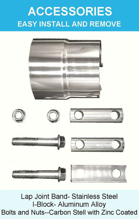 DecoHongDi 2.5-inch exhaust clamp kit; two 304 stainless lap-joint bands with bolts and nuts.