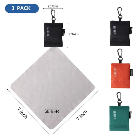 7x7 Inch Microfiber Glasses Cleaning Cloth With Neoprene Pouch, 3 Pack, showing black, orange, and teal pouches with dimensions