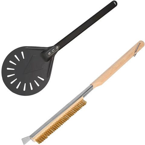 Pizza Oven Accessories Kit With 8 Inch Turning Peel Brush And Stone Scraper Tools And Supplies Set For Outdoor Ovens Great For Backyard Pizza Nights Compatible With Ooni Gozney Ninja Solo Ovens Easy Turn And Clean, featuring a black metal peel and wooden brush