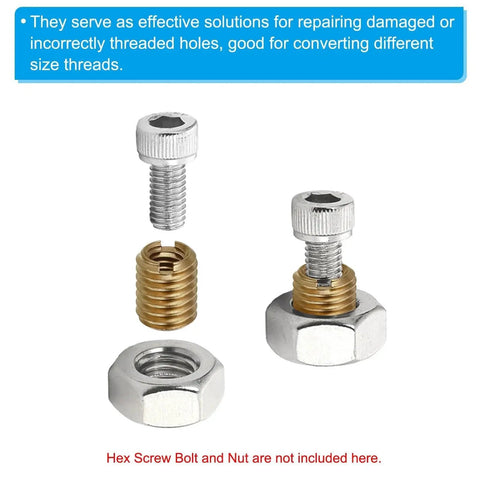 Eight brass slotted thread inserts with M6xM4x20mm, shown with silver bolt and hex nut (exploded view).