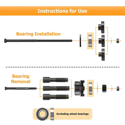 Motorcycle Wheel Bearing Removal And Installation Kit For Harley-Davidson Three Quarters Inch, 1 Inch, And 25mm Bearings, instructions diagram