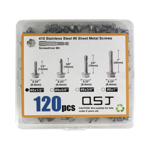 Front view of a clear plastic case with an orange label showing 120 pcs #8 x 1/2 in. 410 stainless steel sheet metal screws.