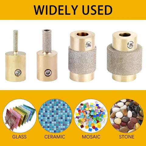 Diamond Grinder Bits Set for Stained Glass 1 3/4 Inch, 1/4 Inch and 1/8 Inch Heads with Brass Core for glass art projects, 4-piece kit