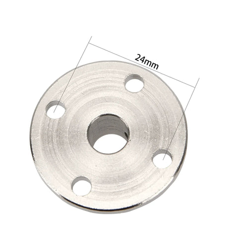 Silver metal flange shaft coupling plate with 4 mounting holes and a central bore, 24mm outer diameter