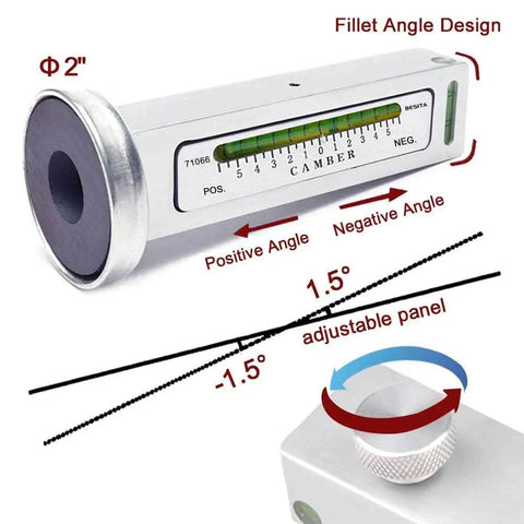 Adjustable Magnetic Camber Gauge Tool For Vehicle Suspension And Wheel Alignment, showing positive and negative angle measurements