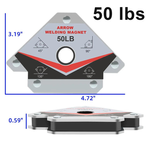 Front and side view of Beefy 50Lb Welding Magnets Set Of 4 For Angled Positioning And Hands Free Hold By GUTIMORE Magnetic Welding Holders.