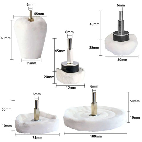 DIY Friendly Buffing Wheel Kit With White Flannelette Pads, 12 Pack For Drill Polishing Metal And Jewelry, various sizes shown
