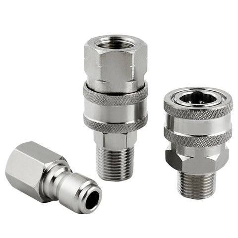 Raincovo stainless steel pressure washer quick-connect adapters, 3/8 inch, male and female threads, 3-piece set.