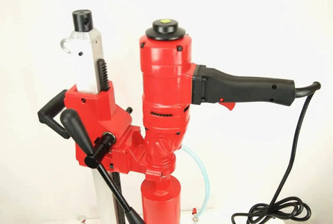 Heavy Duty Diamond Core Drill Bundle with Rolling Base Stand for Pros and 1 to 4 Inch Diamond Bit Set Dual Speed 2100 RPM and 950 RPM 110 Volt Concrete Coring BluRock Model 4Z1RB Package Deal showing drill and control handles
