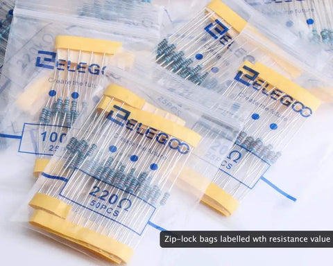 ELEGOO resistor kit in clear zip-lock bags, 525 pieces of 1% resistors ranging 0Ω–1MΩ, RoHS compliant