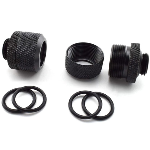 G1/4 to 10mm ID rigid tubing compression fittings set (4-pack), black knurled metal with O-rings.