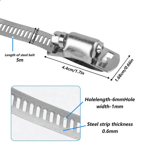 Close-up of 304 Stainless Steel Hose Clamp Kit for DIY Projects with measurement details, featuring cut-to-fit metal strap and fastener.