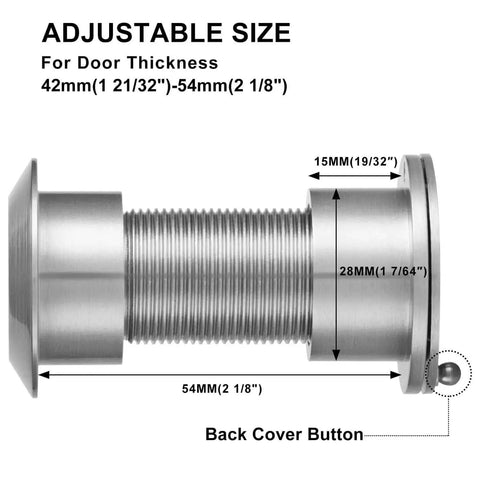 Solid Brass Door Peephole Viewer With 220 Degree HD Lens, adjustable size diagram, satin nickel finish, for 42-54mm doors.