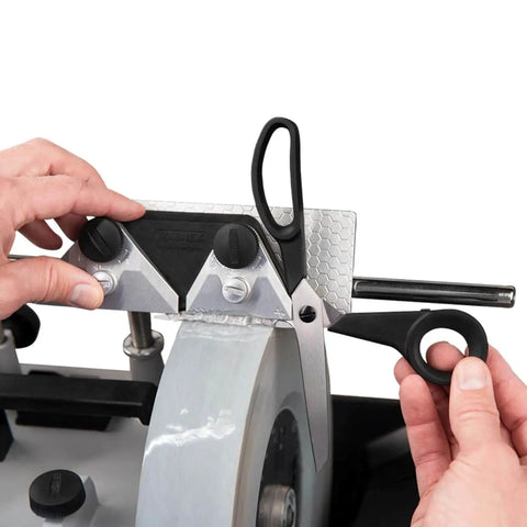 Pro-Grade Scissors Sharpening Jig With 60 Degree Angle For Fast, Precise Sharpening On Your Sharpening System, Built-In Auto Compensation, Ultra Low Friction, Minimal Vibration, Custom Clamping, Compatible With T-2 T-4 T-8 in use with scissors on sharpening wheel
