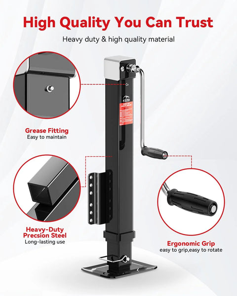 Front view of heavy-duty 8000 lb trailer jack in black steel with manual crank, ergonomic grip and grease fitting