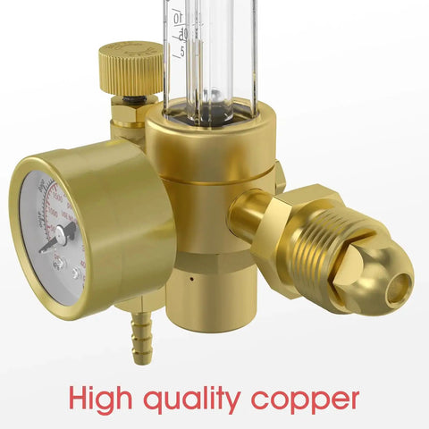 Close-up of Argon And CO2 MIG And TIG Flow Meter Gas Regulator Gauge with brass finish, showing gauge and fittings.