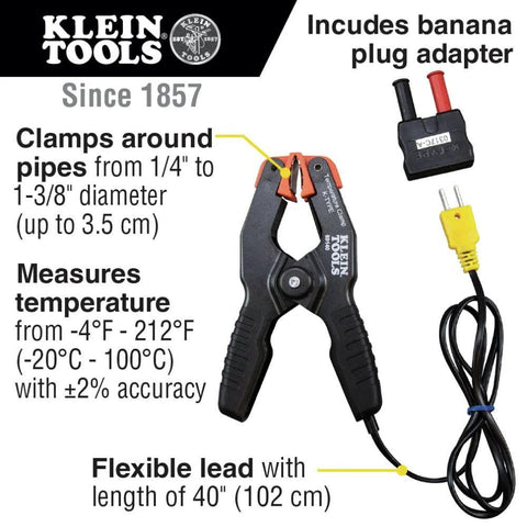 Klein Tools 69140 K-Type pipe thermometer for HVAC; clamps around 1/4–1-3/8 in pipes, 40 in lead, -4 to 212°F