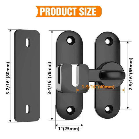 Compact 90 180 Degree Sliding Door Latch dimensions, heavy duty flip bar lock for bathroom, garden, bedroom, cabinet, black, rustproof zinc alloy
