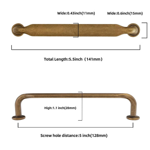 10 Pack 5 Inch Cabinet Pulls Antique Brass Zinc Alloy Drawer Pulls Solid Cabinet Hardware dimensions diagram showing length and width measurements