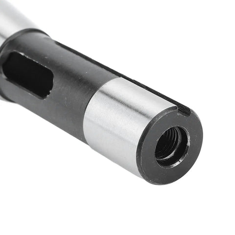 R8 to MT3 adapter close-up: hardened Morse taper socket, alloy steel sleeve for milling machine arbor, internal threads visible