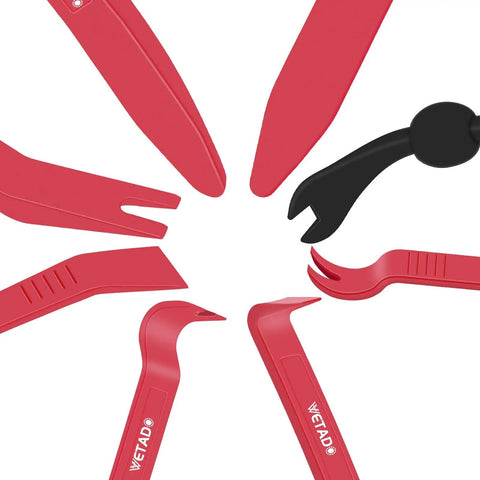 Trim Removal Tool Set For Car Interior Pro Grade 8 Piece Red Pliers Kit arranged in a circle, showing different tool types and shapes.