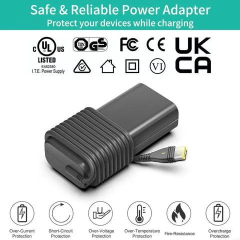 Replacement 24V 65W AC Power Supply For AirSense 11 CPAP Machines And Mini Portable CPAP Machines AutoSet Elite And CPAP Models Durable ResMed AirSense 11 Power Adapter Charger shown with plug and certifications