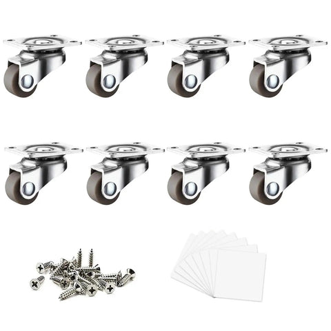 0.5 Inch Mini Swivel Caster Wheels With Self Adhesive Plate Low Profile Rubber Casters For Furniture And Small Kitchen Appliances Lightweight Projects 8 Pack Each Set Of 4 Supports Up To 55 Lbs, shown with screws and adhesive pads.