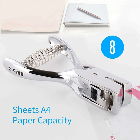 Go-To All Metal Single Hole Puncher With Lever, punches up to eight A4 sheets, oval hole 0.59x0.16 inch, 12mm feed depth, shown on desk