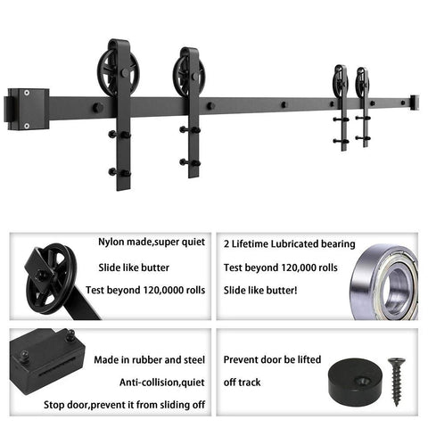 Black Wood Double Sliding Barn Door Hardware Kit With Big Spoke Wheel Rollers, 12Ft Length, adjustable steel track.