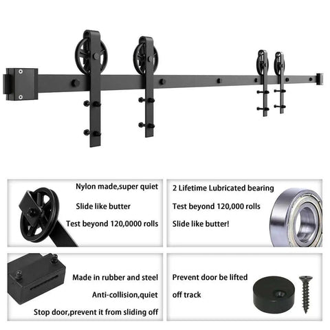 Heavy Duty Sliding Barn Door Hardware Kit For Wood Doors Double Track With Big Spoke Wheel Rollers Black Powder Coated Steel