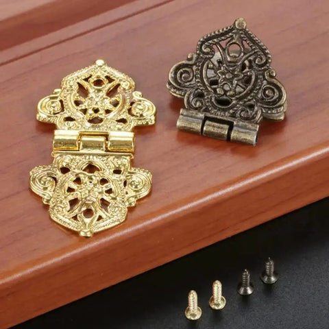 Set Of 10 Antique Lace Hinges With Screws For Doors Cabinets Drawers And Furniture Decorative Old School Hinges displaying gold and bronze finish