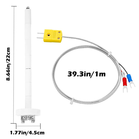 K-type thermocouple with ceramic kiln insulator block, 1 m braided wire, yellow plug, red and blue color-coded clips