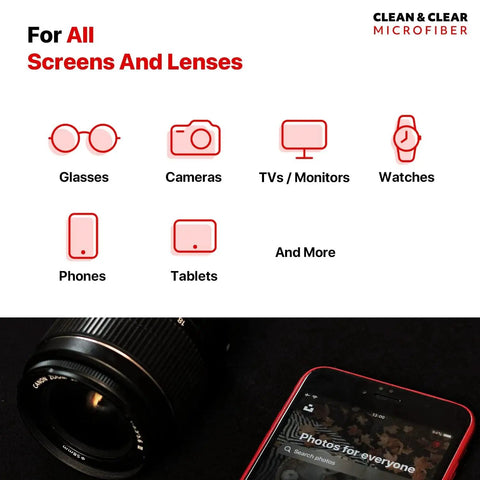 Illustration of devices like glasses, cameras, and phones cleaned by Extra Large Microfiber Cleaning Cloths 8 Pack for Glasses Lenses and Screens.