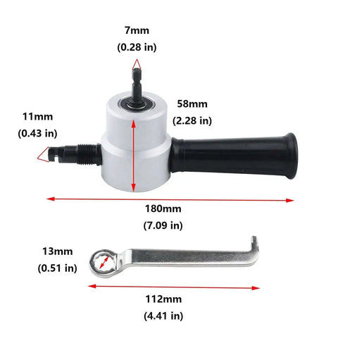 Double Head Metal Sheet Nibbler Cutter For Drill Attachments And Hole Saw Bits with measurements and wrench displayed