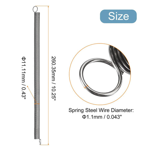 Extended tension spring with dual hooks, 10.25 in length, 0.043 in spring steel wire