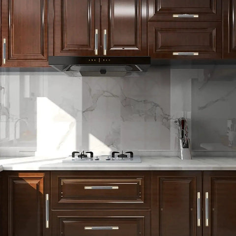 Modern kitchen with wooden cabinets featuring 12 Pack 3 Inch Barrel Cabinet Pulls Gold And Grey Aluminum Handles For Cabinets And Drawers.