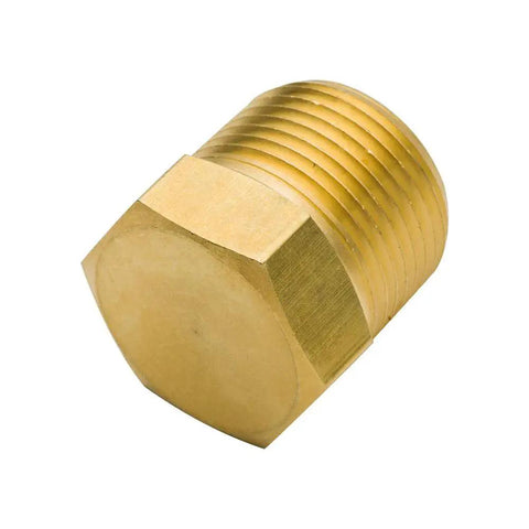 Lead Containing Brass Hex Plug 1/4 NPT Male Pipe Fitting Pack Of 5 For DIY Plumbing Projects, hex head close-up view
