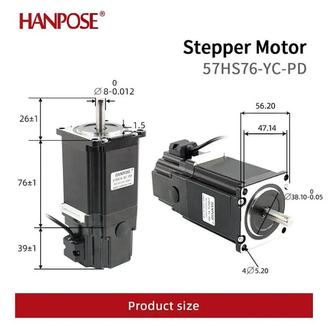 Hanpose stepper motors, front and side views; two black units with 8 mm shaft diameter and mounting holes
