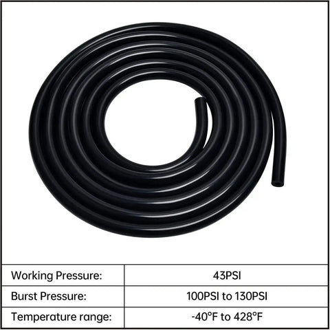 Coiled black FDA grade silicone vacuum hose, part of Silicone Vacuum Hose Kit For Car Mods, 130 PSI max, durable, flexible tubing.