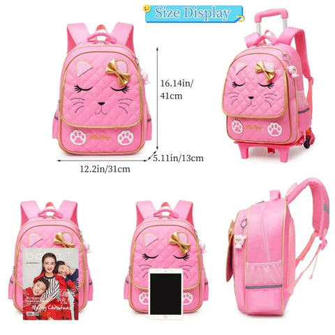 Girls Rolling Backpack Trolley School Bag With Cat Face Bowknot Pink Reflective Strip Cute Luggage for Kids shown in different views