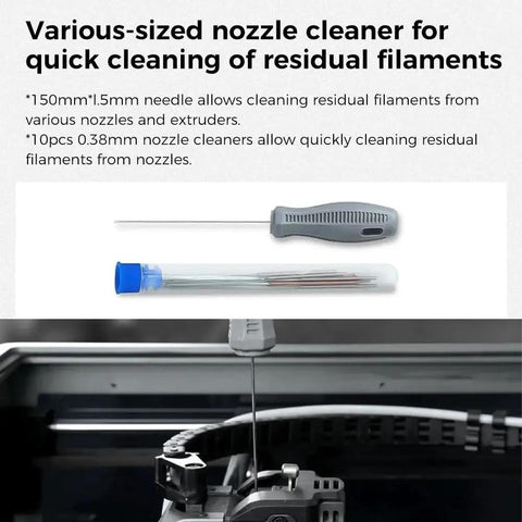 Ultimate 74 Piece 3D Printer Tools Kit For Assembly And Finishing Deburring Nozzle Cleaning Filament Cutting And Model Processing Creality Compatible For All FDM Printers, showing nozzle cleaner and needle tools.